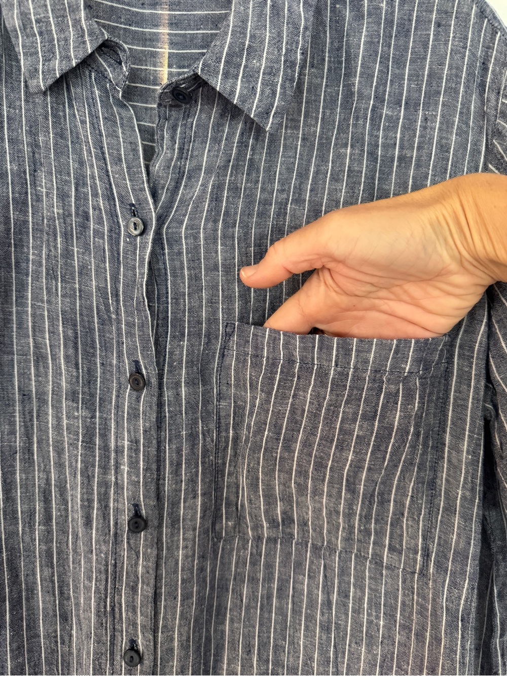 Eileen Fisher Blue Stripe Linen Midi Button-Front Dress Small/ Med - Picture 5 of 9
